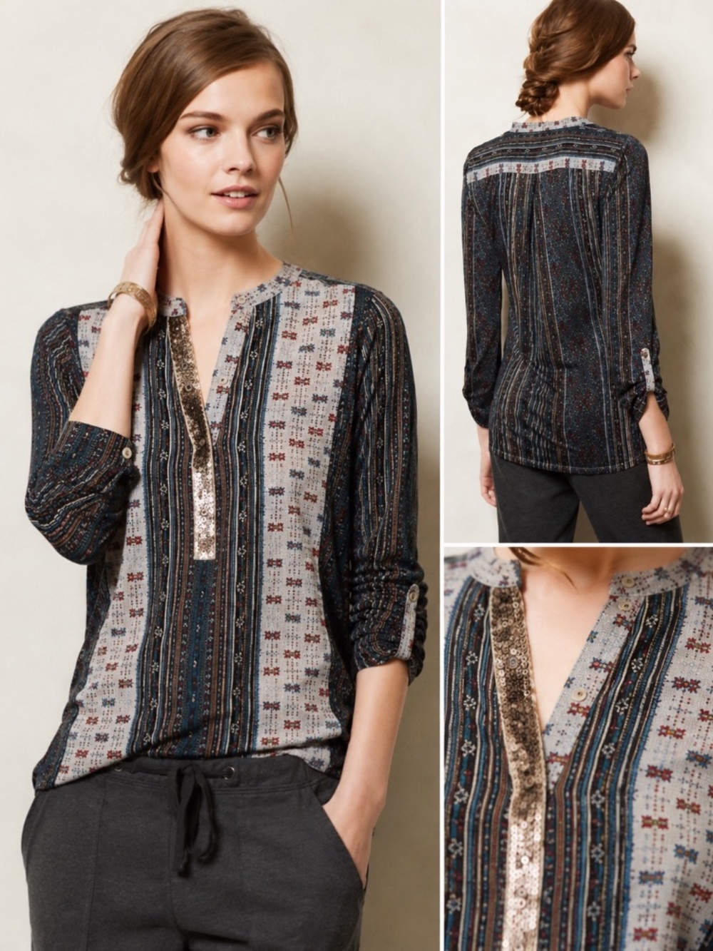 Anthropologie Tiny Devas Aztec Print Peasant Top Sequin Neckline Boho Size S - Picture 3 of 13